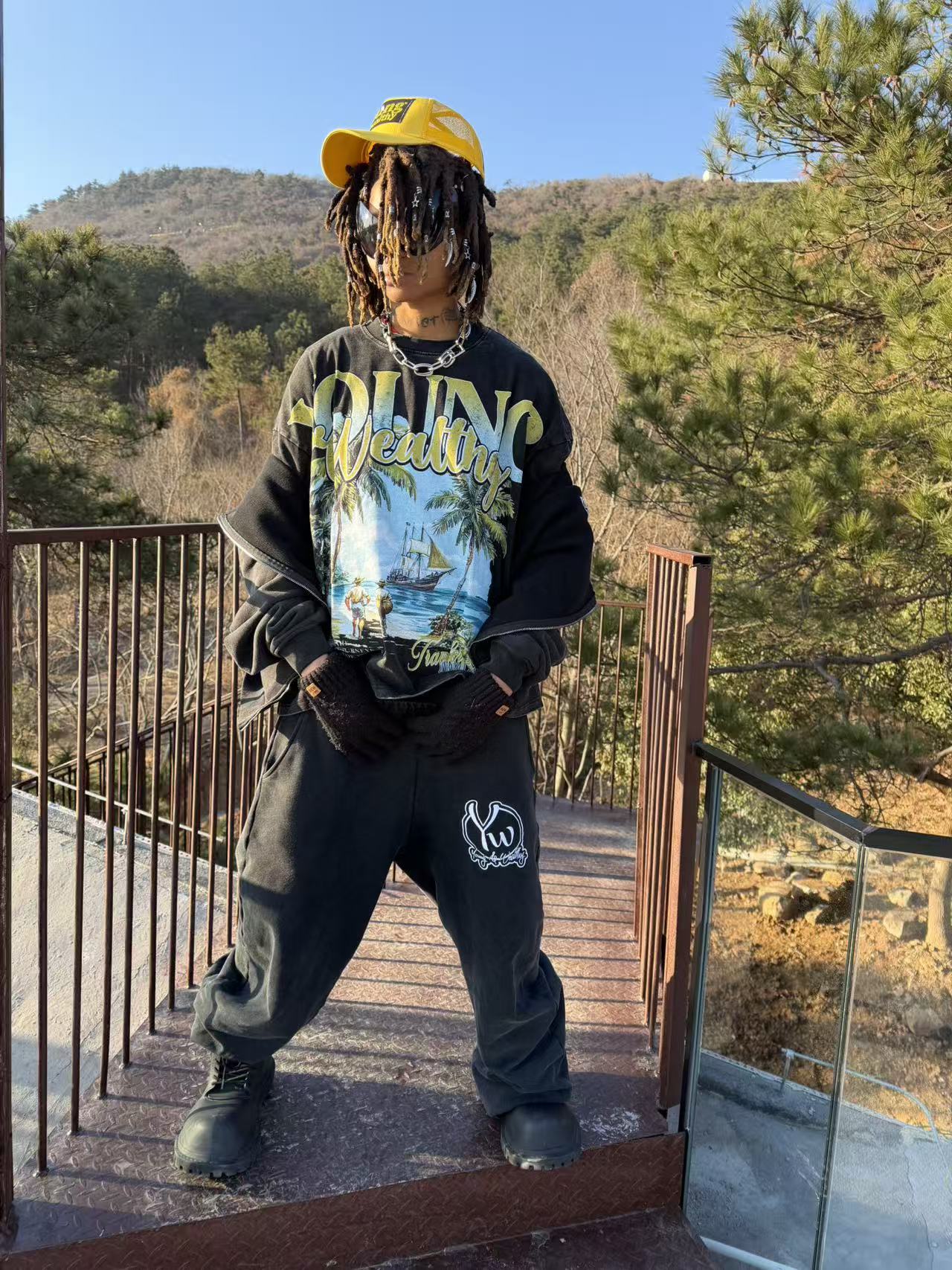 Outdoor look wearing hoodie and pants