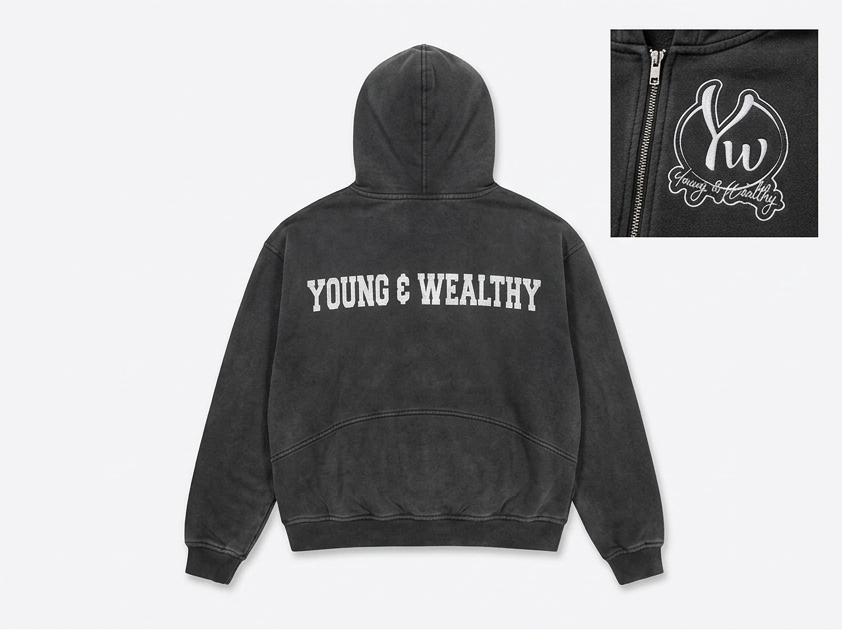 Young & Wealthy hoodie product flat lay in washed black